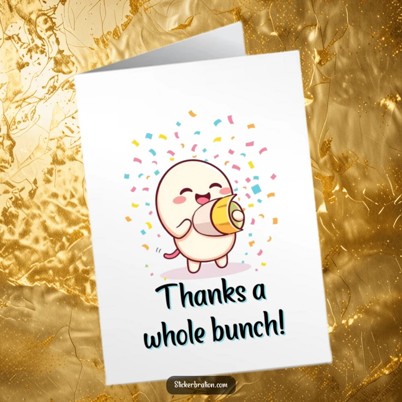 Funny Free Printable Thank You Card depicting a giggling confetti cannon character showering thanks with paper streams.