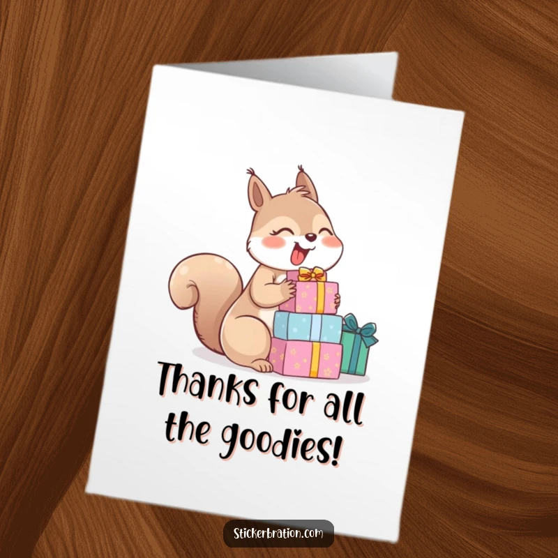 Funny Free Printable Thank You Card: A squirrel chuckling gleefully while presenting a stack of gifts, expressing thanks.