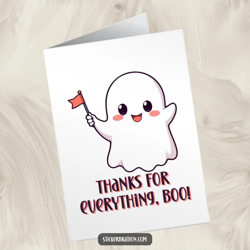 Funny Free Printable Thank You Card: A cute ghost character waving a tiny flag, offering a spectral thank you with a smile.