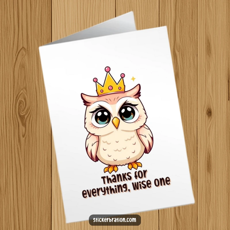 Funny Free Printable Thank You Card featuring a surprised owl wearing a tiny party crown, expressing thankful bewilderment.