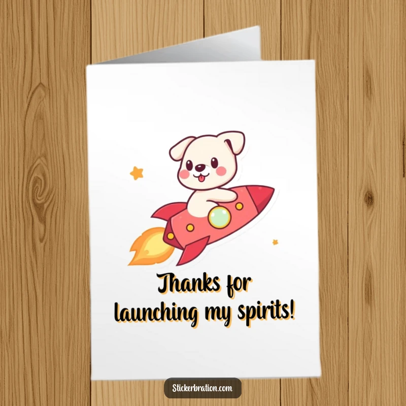 Funny Free Printable Thank You Card: A cute dog piloting a tiny rocket, expressing thanks on an interstellar journey.