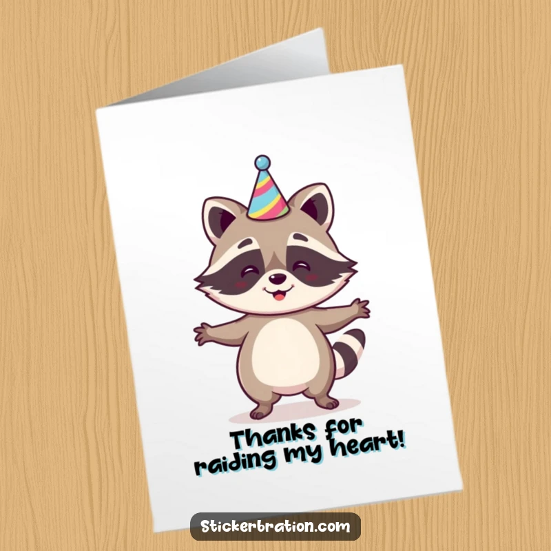 Funny free printable thank you card of a happy raccoon character in a party hat doing a jig, expressing thanks with glee.
