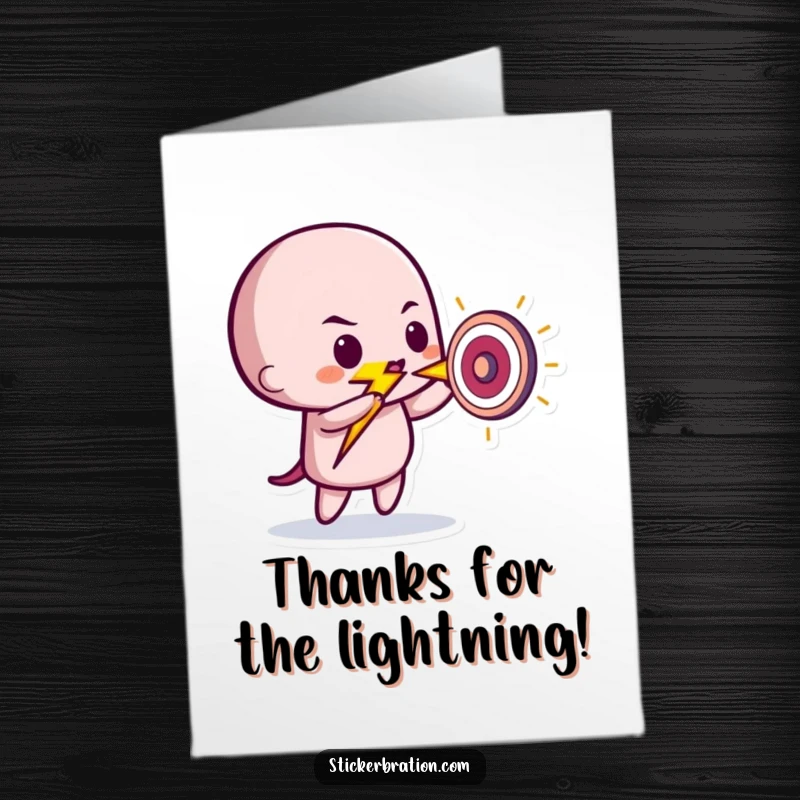 Funny Free Printable Thank You Card: A lightning bolt character striking a tiny target, perfectly conveying thanks with electric style.