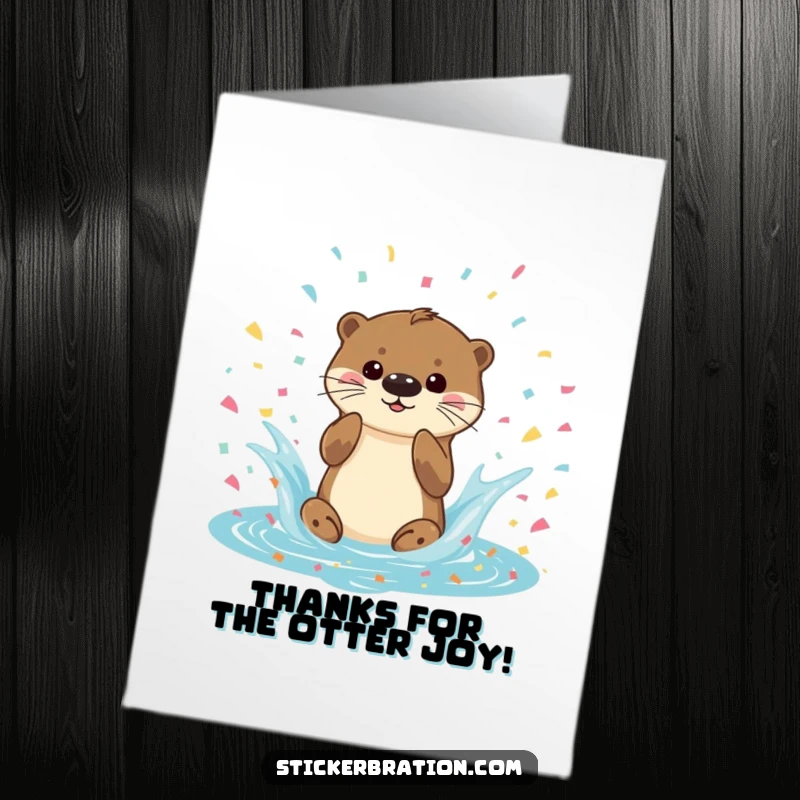 Funny free printable thank you card of a playful otter character splashing in a pool of confetti, expressing thanks with joy.