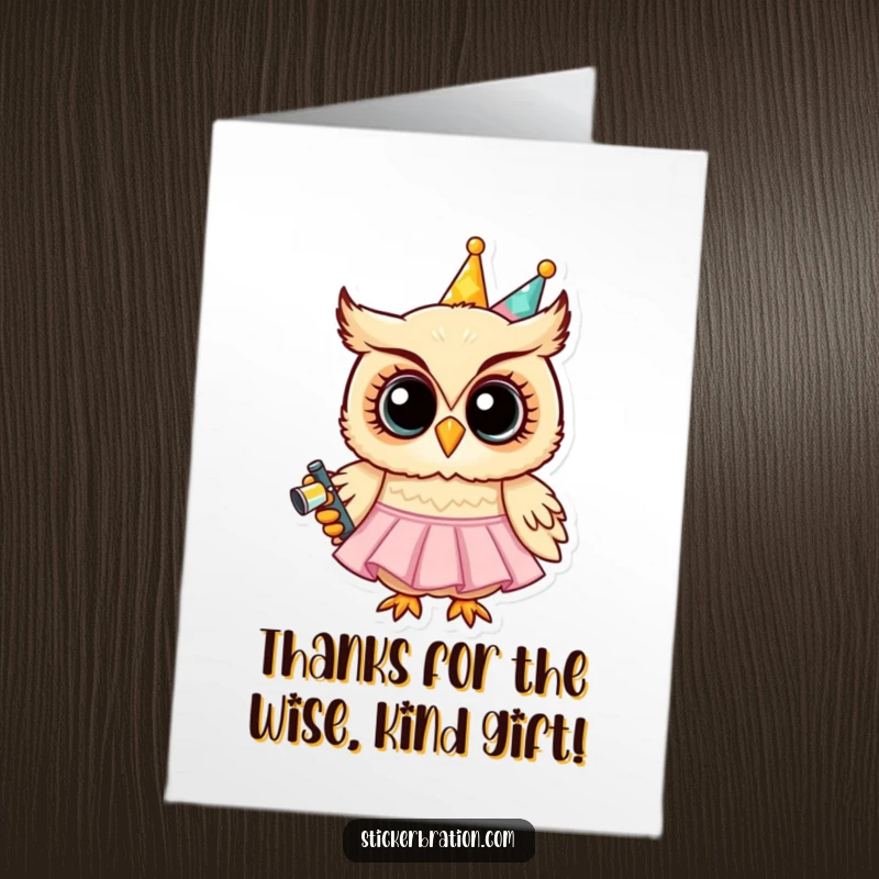 Funny Free Printable Thank You Card: Grinning owl in a tiny party dress holding a noisemaker, sending thanks.