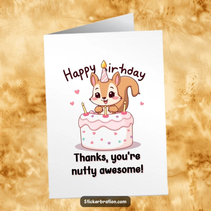Funny Free Printable Thank You Card: A mischievous squirrel popping out of a birthday cake, adding a playful twist to thanks.