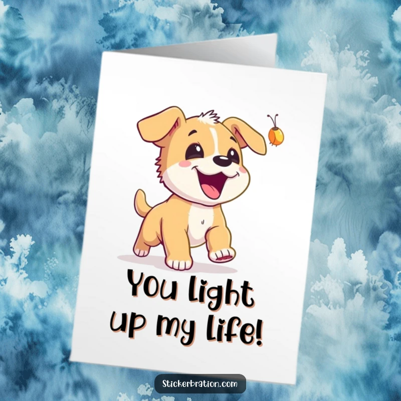Funny Free Printable Thank You Card: An excited puppy leaping to catch a firefly, a charming DIY thank you.