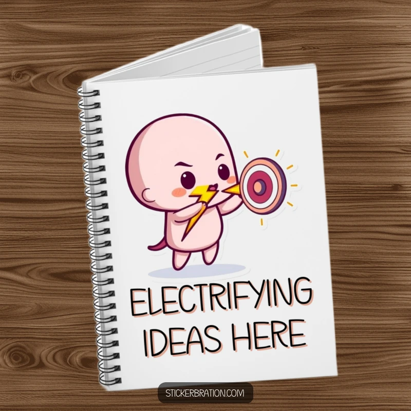 Funny notebook with a playful lightning bolt character striking a tiny target, perfect for jotting down ideas with a humorous flair.