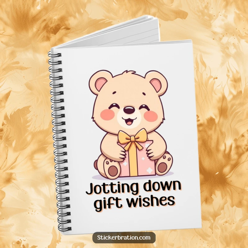 Funny bear cub notebook featuring a character excitedly unwrapping a gift box, perfect for notes, journaling, and planning.