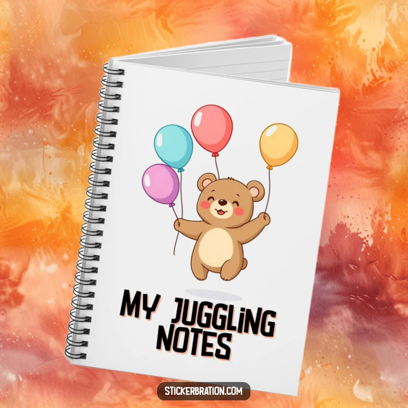 Funny notebook cover with a small, smiling bear juggling colorful balloons, perfect for humorous note-taking and journaling.
