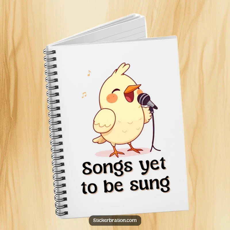 Funny bird notebook with a cheerful bird holding a miniature microphone, designed for jotting down lyrics or daily thoughts humorously.