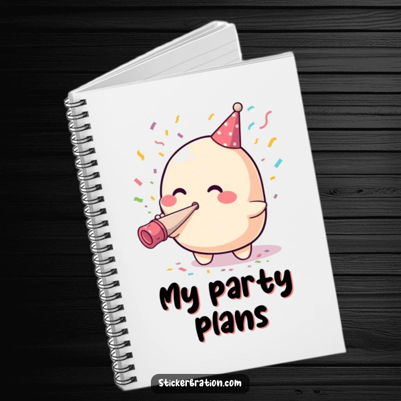 Funny notebook cover featuring a cute blob character blowing confetti from a party horn, ideal for humorous note-taking and planning.