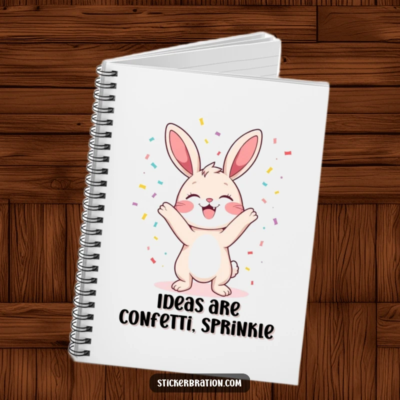 Funny bunny notebook featuring a character gleefully tossing confetti, perfect for writing, drawing, and party planning.