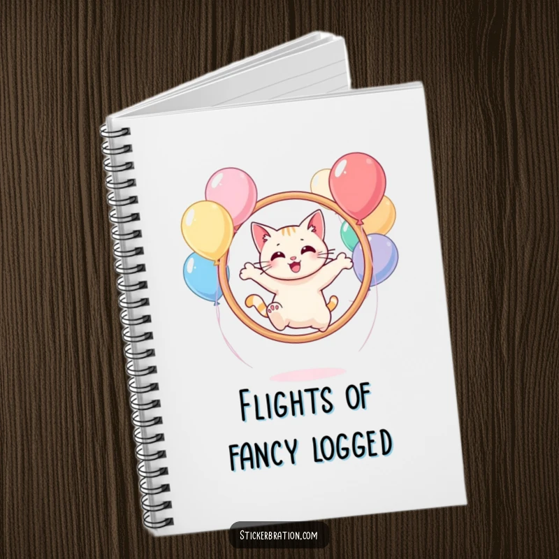 Funny cat character on a notebook, leaping through a hoop of balloons, perfect for creative notes.