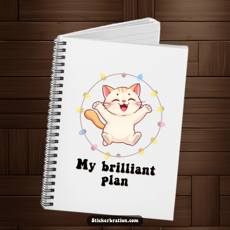 Funny notebook cover with a smiling cat leaping through a hoop of lights, encouraging note-taking with playful energy.