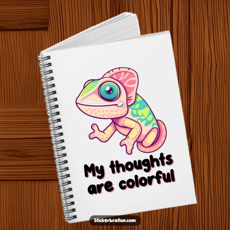 Funny chameleon notebook cover illustrated with a cute, ecstatic chameleon joyfully showcasing its ever-changing, vibrant hues.