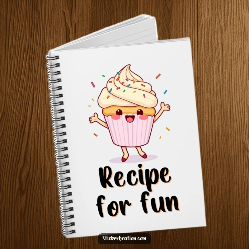 Funny cupcake notebook cover with a dancing character happily showering sprinkles, perfect for jotting down creative ideas and sweet notes.