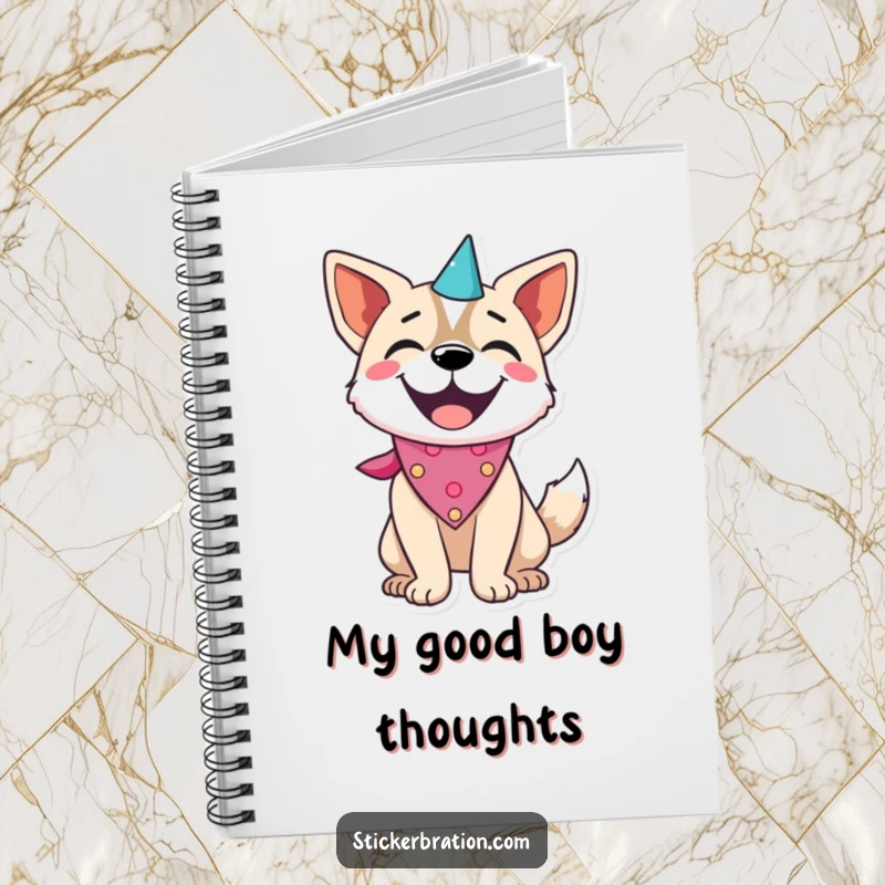 Funny dog character on a notebook, wearing a party bandana and wagging its tail, perfect for happy notes.