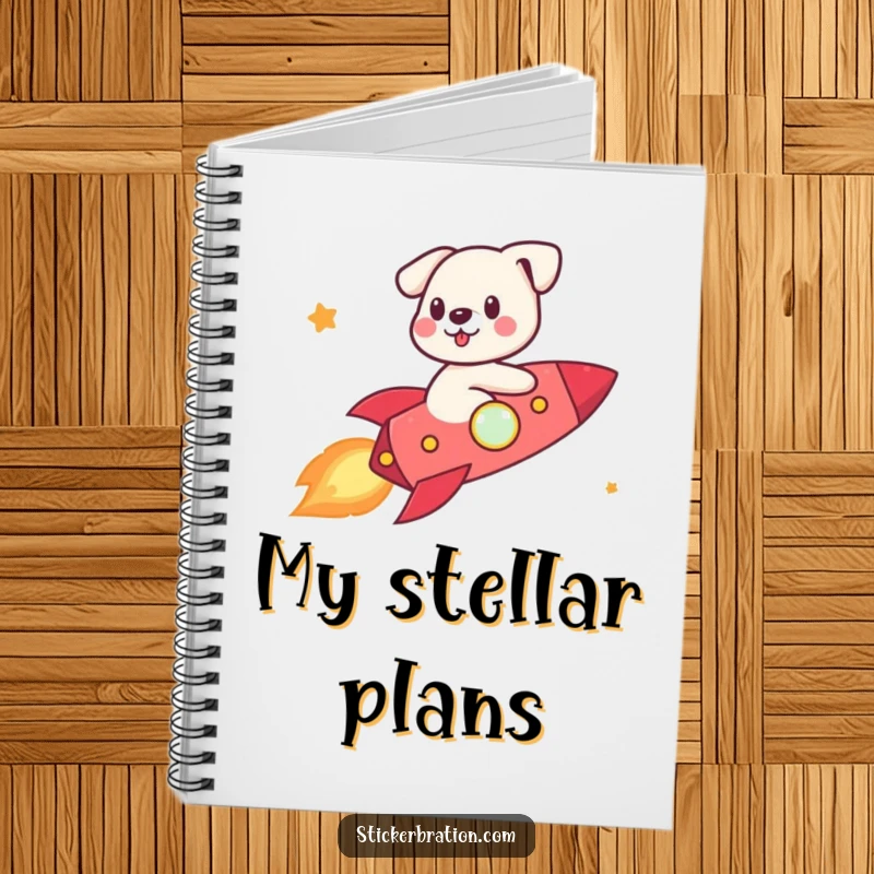 Funny cute dog character riding a rocket, writing in a notebook with stars and planets.