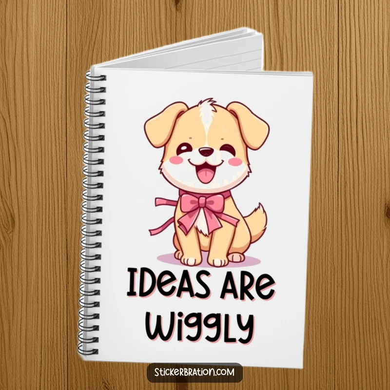 Funny dog wiggle notebook with a cute cartoon dog character in a happy wiggle pose, adorned with a party ribbon, ready for notes.