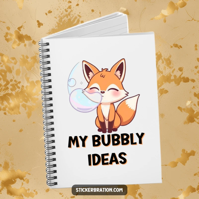 Funny bubbly fox character notebook winking while blowing a giant bubble, great for jotting down playful notes.