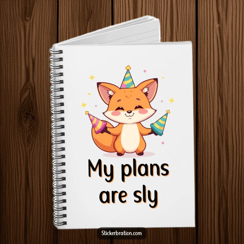 Funny notebook with a grinning fox character juggling shiny party hats, ideal for capturing creative thoughts and doodles.