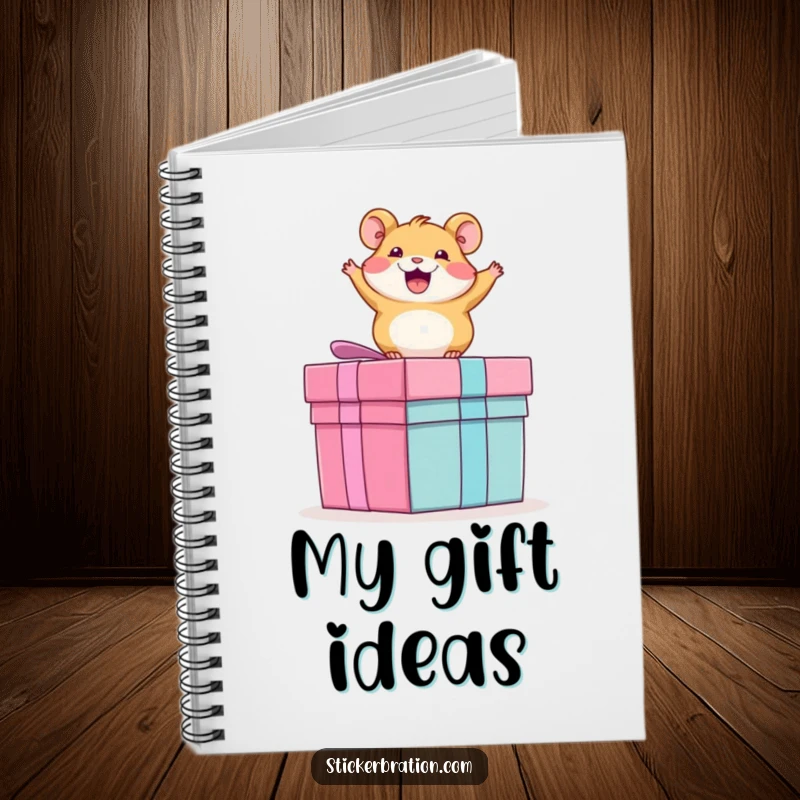Funny notebook cover showing an ecstatic hamster bouncing with pure joy on a large, wrapped gift box, ready for inspiration.