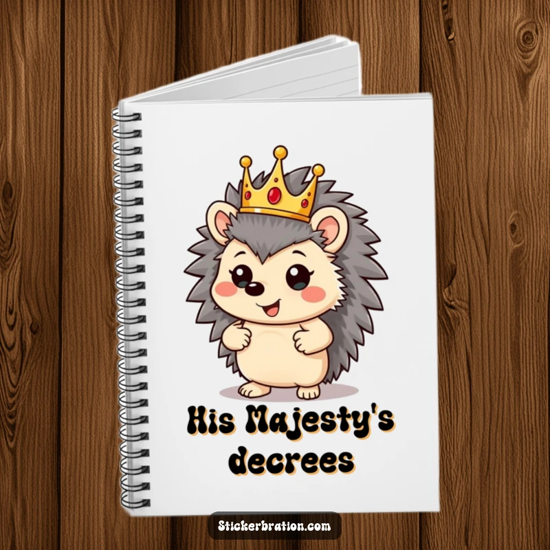 Funny hedgehog character on a notebook, wearing a crown and striking a proud pose, ready for royal notes.