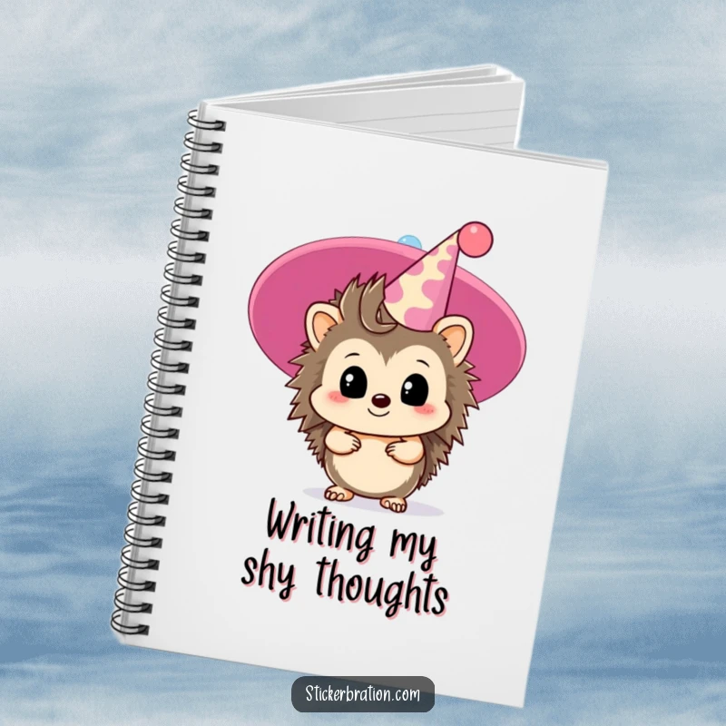 Funny hedgehog notebook featuring a timid character peeking from behind a giant party hat, perfect for notes and journaling.