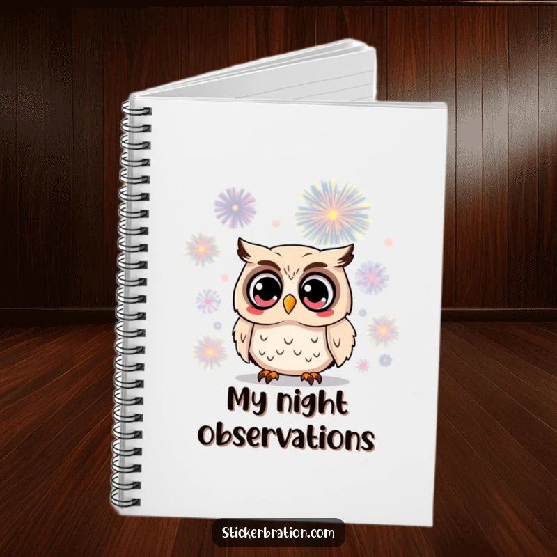 Funny owl notebook featuring a surprised character with wide eyes watching a firework, perfect for capturing thoughts inspired by spectacular moments.