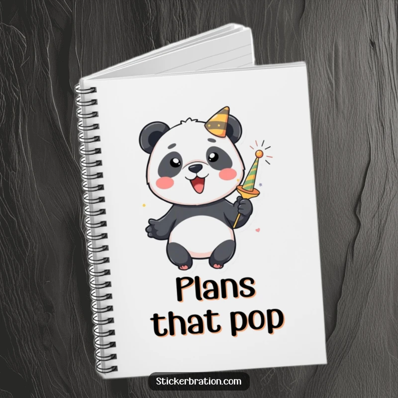 Funny panda notebook cover with a playful character ready to celebrate with a party popper. Great for notes and doodles.