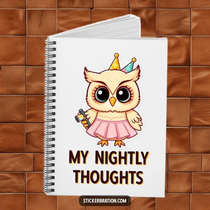 Funny notebook with a grinning owl character holding a noisemaker, ideal for jotting down notes with a festive, whimsical touch.