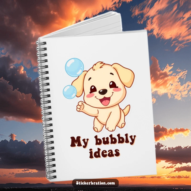 Funny notebook cover showing a happy puppy character joyfully chasing a delightful array of floating bubbles.