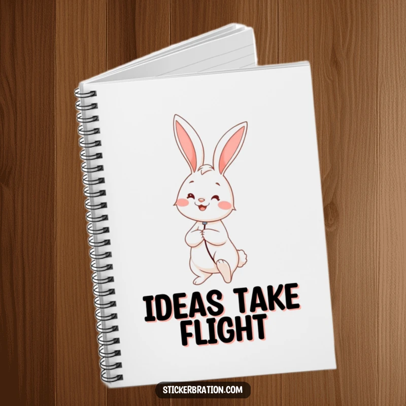 Funny notebook cover depicting a cheerful rabbit holding a large balloon, symbolizing the lightness of happy thoughts and aspirations.