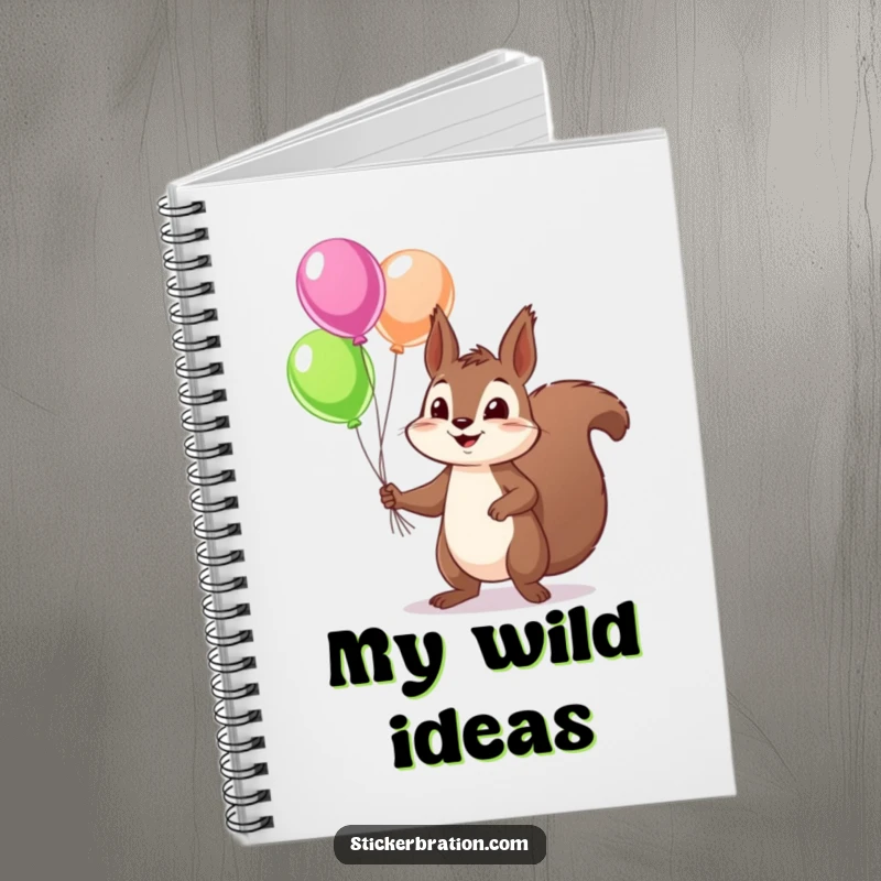 Funny squirrel notebook featuring a mischievous character juggling colorful balloons, perfect for jotting down bright ideas with a playful flair.
