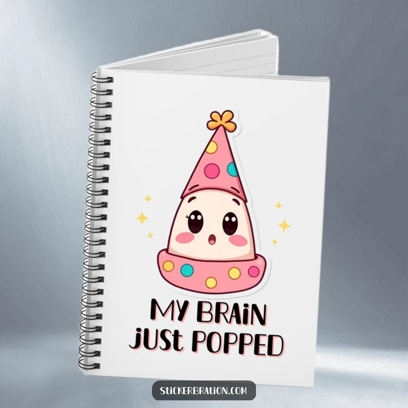 Funny notebook with a surprised party hat character’s wide eyes popping open, perfect for jotting down surprising thoughts and creative ideas humorously.