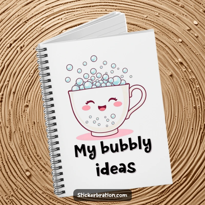Funny notebook cover featuring a happy teacup character overflowing with tiny bubbles, ideal for cheerful and humorous note-taking.