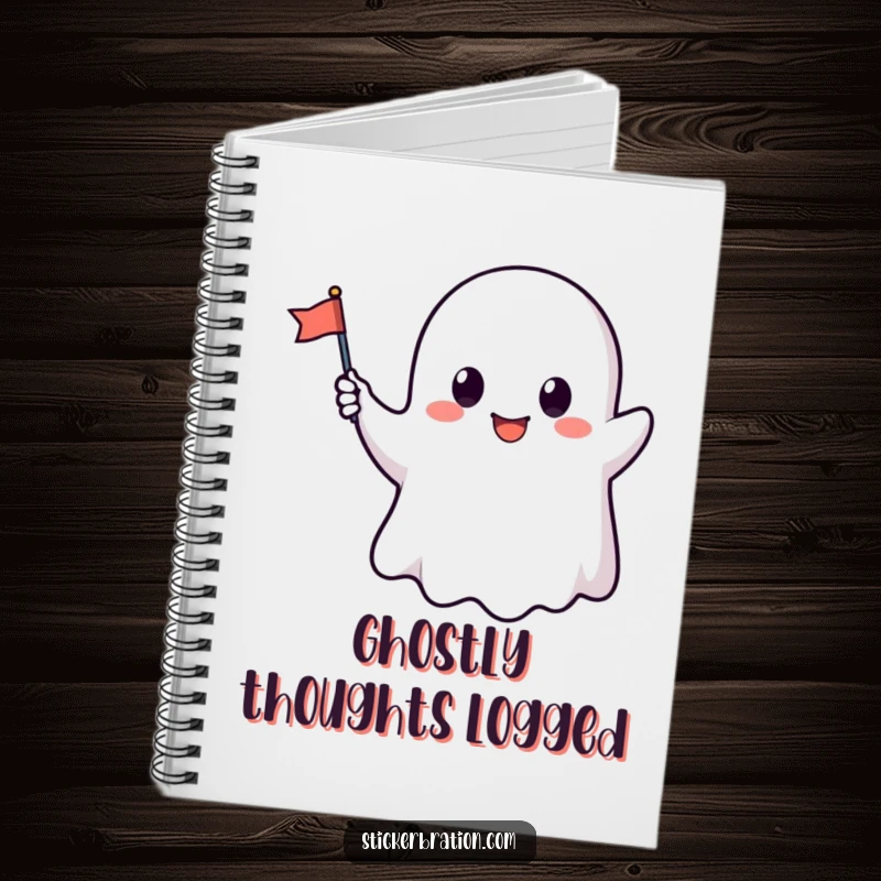 Funny notebook featuring a cute ghost character waving a tiny flag, ideal for jotting down notes with a friendly, humorous twist.