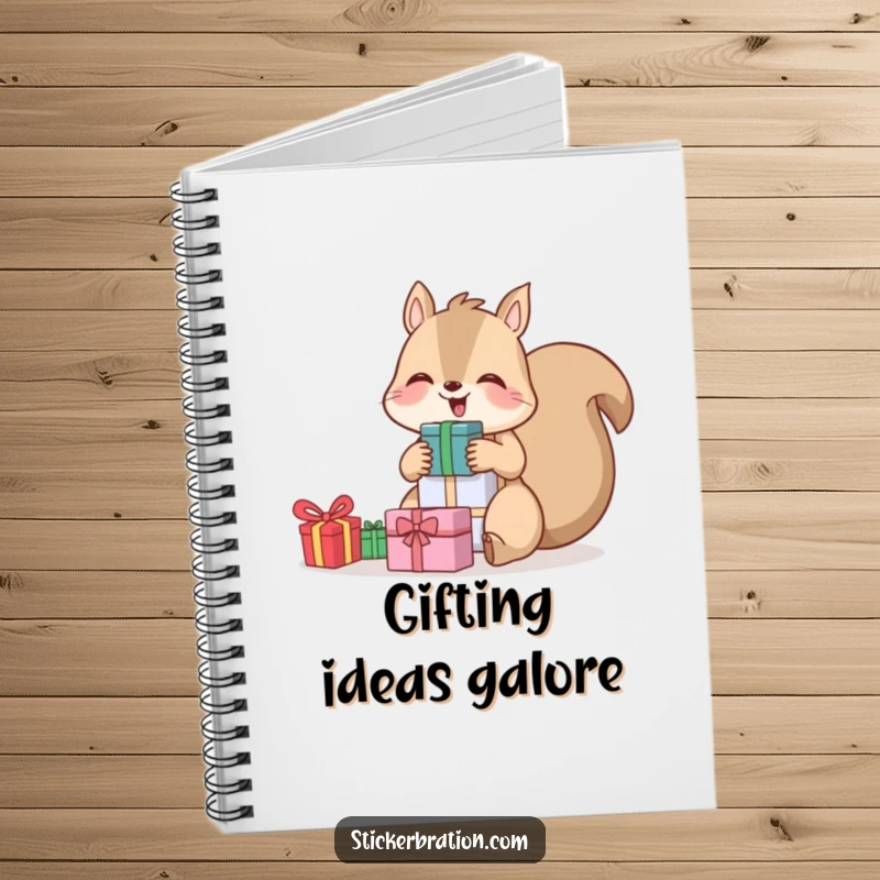 Funny notebook cover with a giggling squirrel holding a stack of gifts, encouraging note-taking with festive cheer.