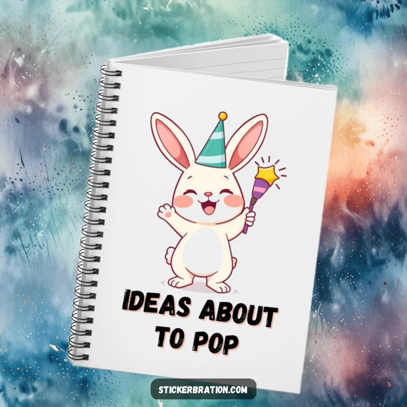 Funny bunny notebook featuring a cheerful character holding a party popper, designed for jotting down ideas with a burst of celebratory energy.