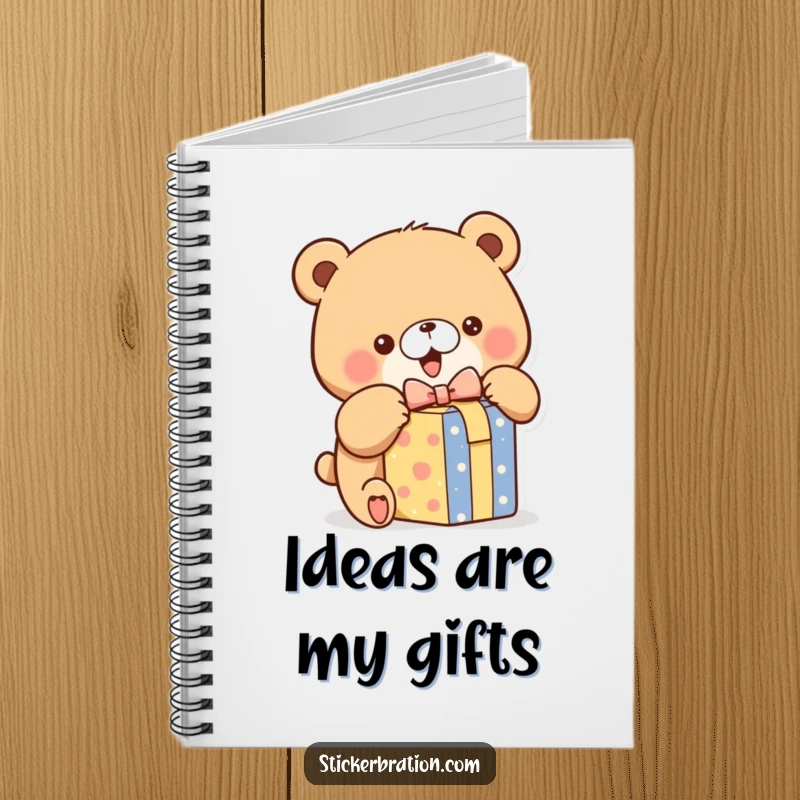 Funny notebook with a chubby bear character eagerly unwrapping a gift box, ideal for capturing exciting thoughts and plans.