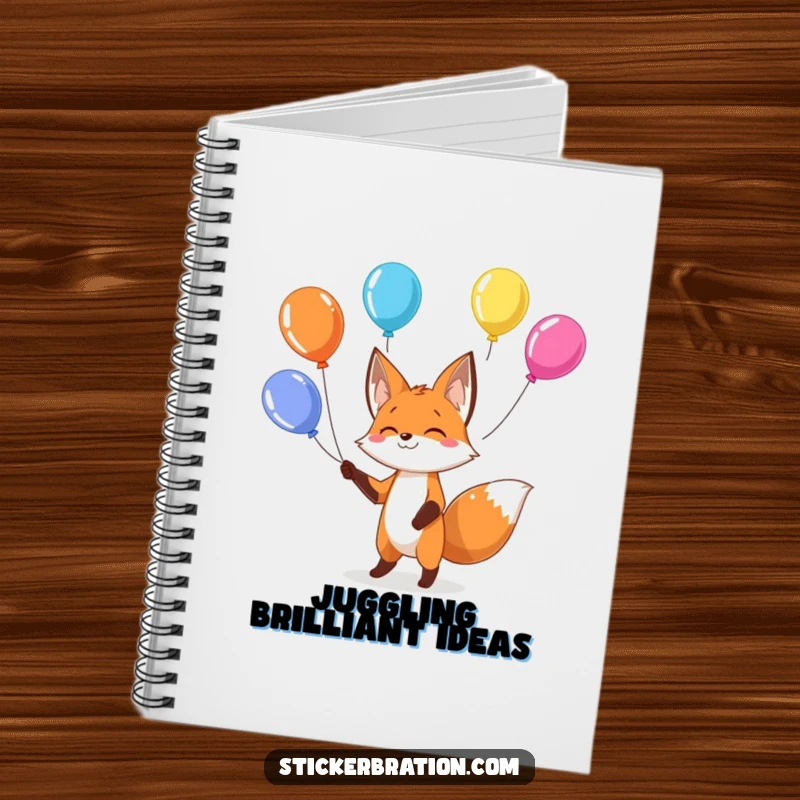 Funny fox notebook featuring a playful character juggling colorful balloons, perfect for writing, drawing, and planning.