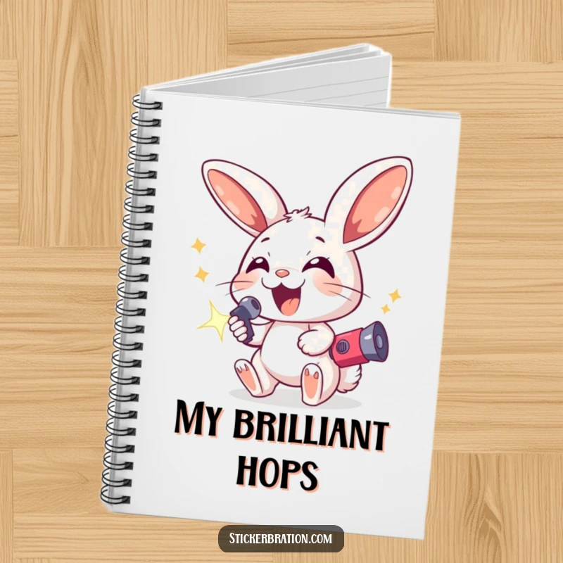 Funny notebook with an excited bunny character holding a sparkling noisemaker, ideal for jotting down notes with a festive, energetic touch.