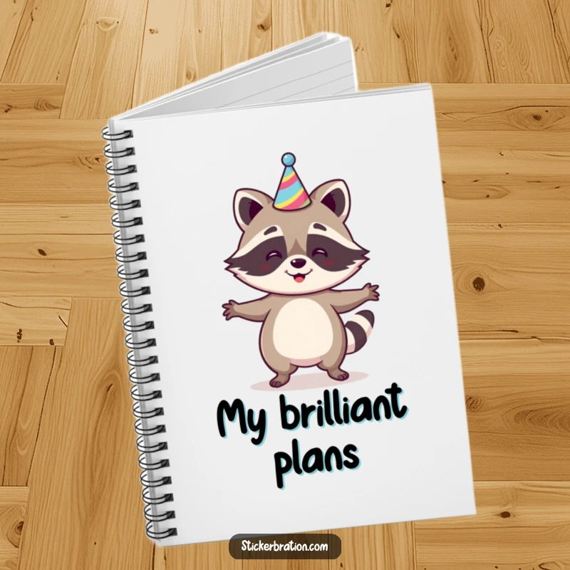 Funny Raccoon Jig Notebook featuring a happy raccoon dancing with a party hat, perfect for journaling and note-taking with a festive and humorous flair.