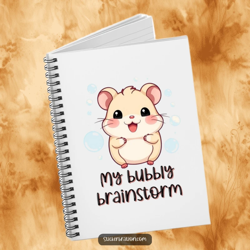 Funny hamster notebook cover showing a cheerful character playfully interacting with floating bubbles. Ideal for creative minds.