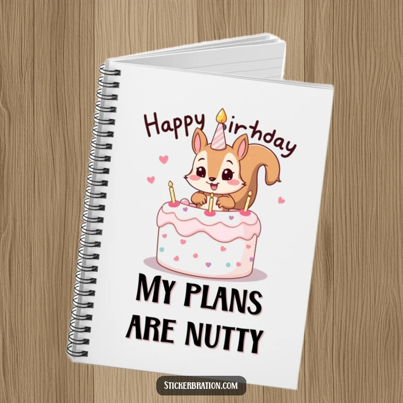 Funny notebook with a mischievous squirrel character popping out of a birthday cake, ideal for capturing fun ideas.