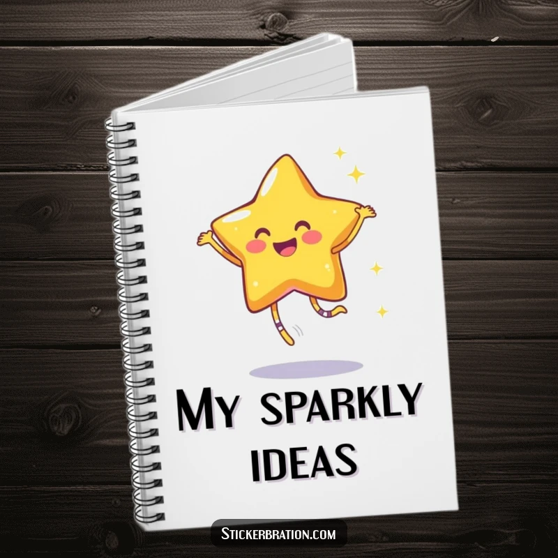 Funny notebook with a smiling star character dancing joyfully, leaving a trail of sparkles, perfect for note-taking and creativity.
