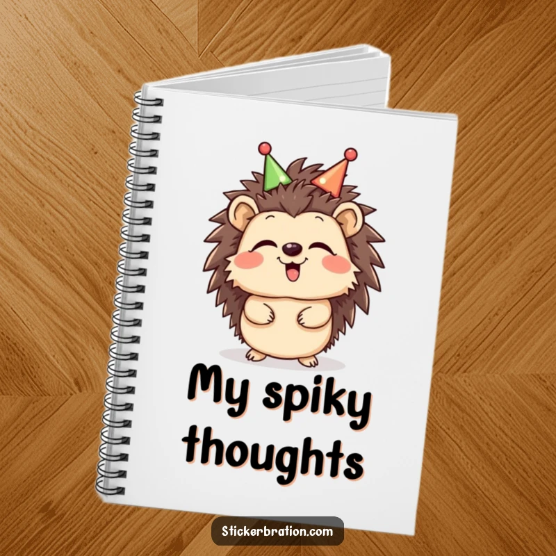 Funny Hedgehog Giggle Notebook featuring a giggling hedgehog wearing a celebratory headband, perfect for journaling and note-taking with a cheerful and humorous flair.