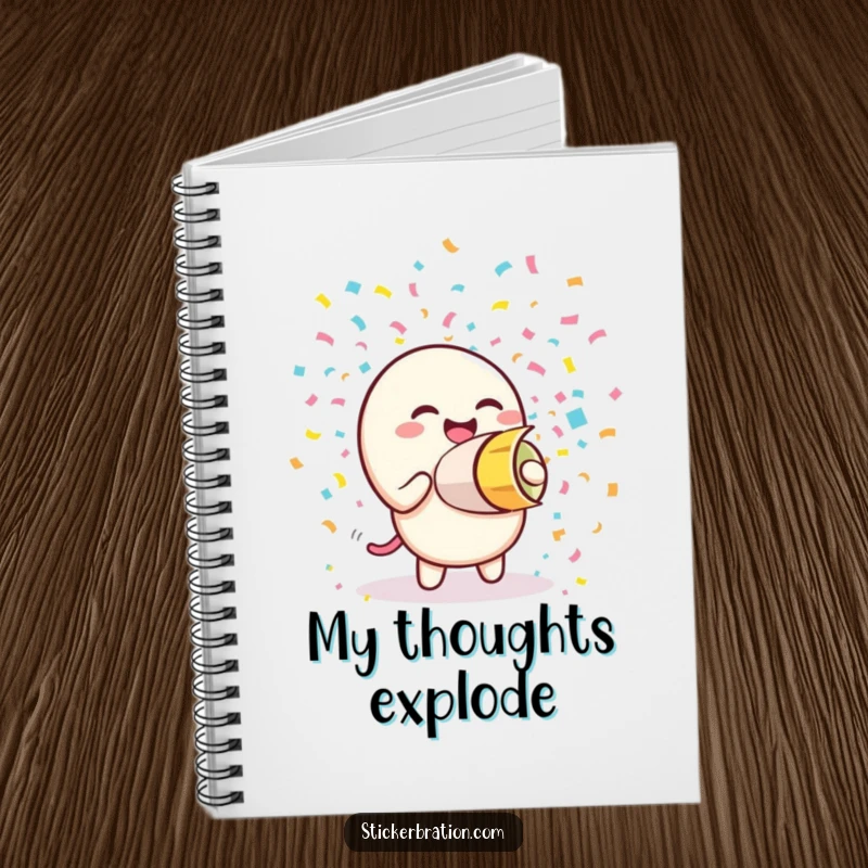 Funny notebook with a giggling confetti cannon character firing colorful confetti, perfect for capturing creative thoughts and ideas with humor.