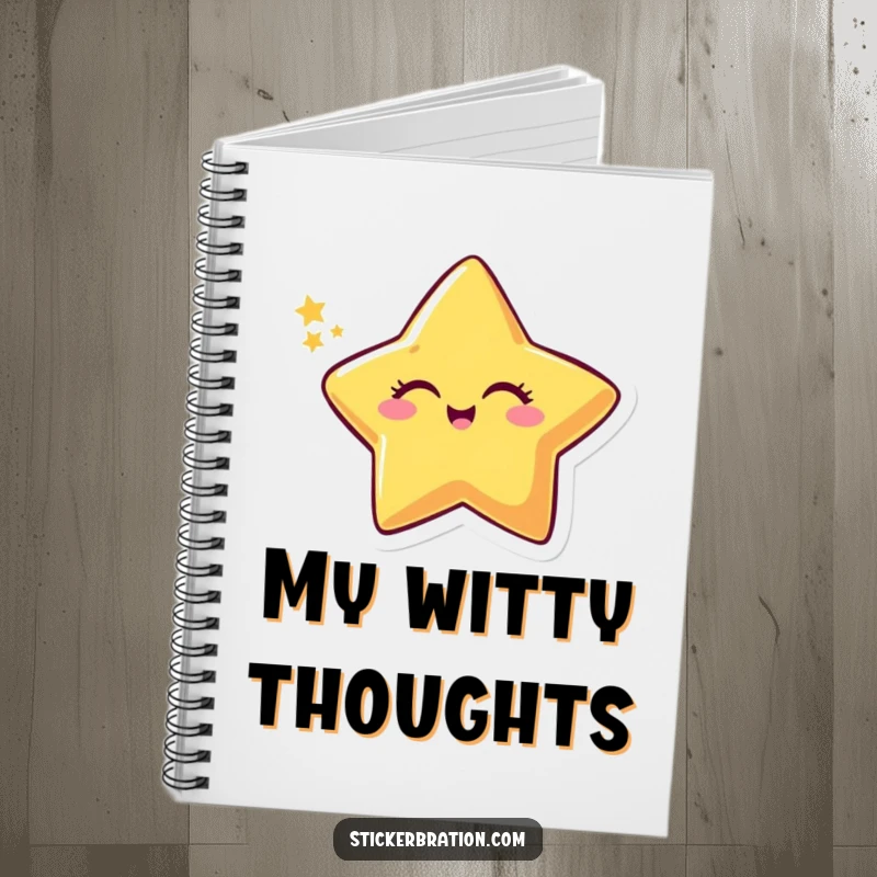 Funny notebook cover featuring a smiling star character winking with a sparkly trail, ideal for magical and humorous note-taking.